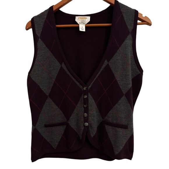Talbots Unisex Merino Wool Argyle Y2K Preppy Knit Vest in Purple and Gray Small - Picture 1 of 5